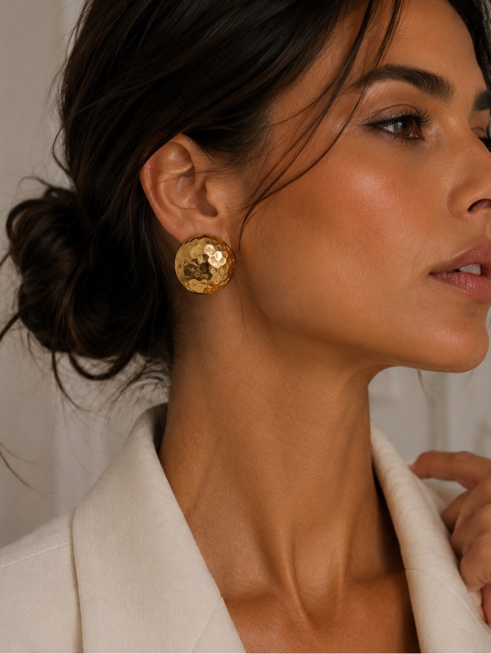 Vintage St. John Gold Tone Hammered Dome Clip On Earrings | Designer Statement